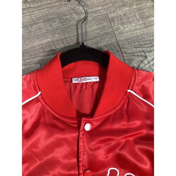 Delta Box 13 Unisex Red Satin Size XXL Bomber Jacket Embroidered Theta Sorority - Picture 4 of 10